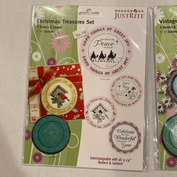 JustRite Wood Stamper 3 1/4” Round w 2 Stamp Sets Christmas Borders & Centers - Picture 6 of 7